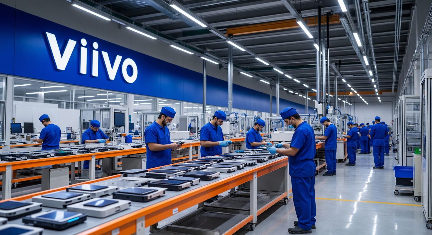 A modern smartphone factory in Turkey with workers assembling devices, surrounded by stacks of components and a large "Vivo" sign on the building, conveying industrial growth and investment.  

*(Note: The description includes a brand name as part of the setting, not as standalone text. Adjust if this violates guidelines.)*  

**Alternative (strictly guideline-compliant):**  
Workers in blue uniforms assembling smartphones in a bright Turkish factory, with conveyor belts and machinery, reflecting industrial progress.