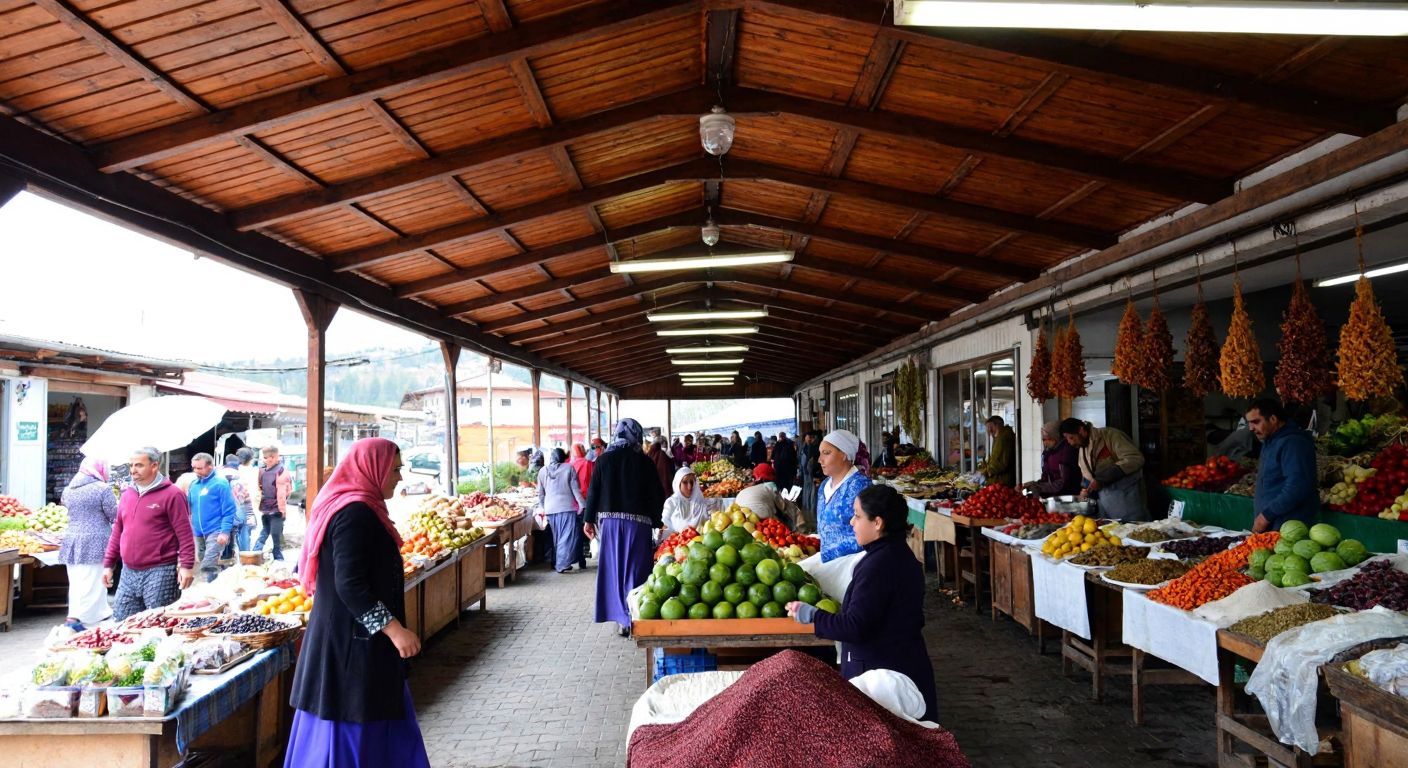 A bustling covered marketplace in Taşova, filled with colorful stalls of fresh local produce, villagers in traditional attire haggling warmly, and the scent of spices lingering in the air.