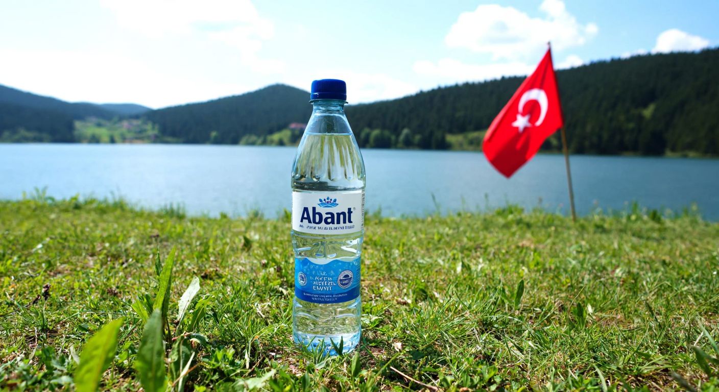 A crystal-clear bottle of Abant water resting on a lush green hillside near Bolu’s Abant Lake, with a Turkish flag subtly waving in the background.