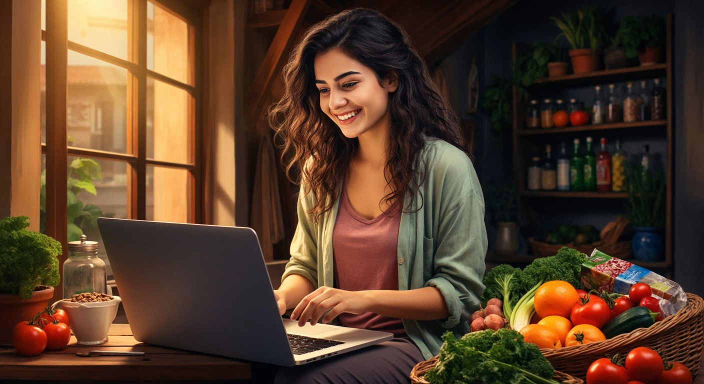 A smiling Turkish woman in a cozy home setting, browsing colorful grocery items on her laptop with a filled shopping cart icon visible on the screen.