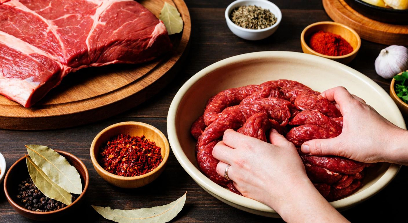 A rustic Turkish kitchen with a wooden table displaying fresh dana döş (beef brisket), defne yaprağı (bay leaves), and bowls of spices, while hands knead a vibrant red sosis mixture in a large ceramic bowl.
