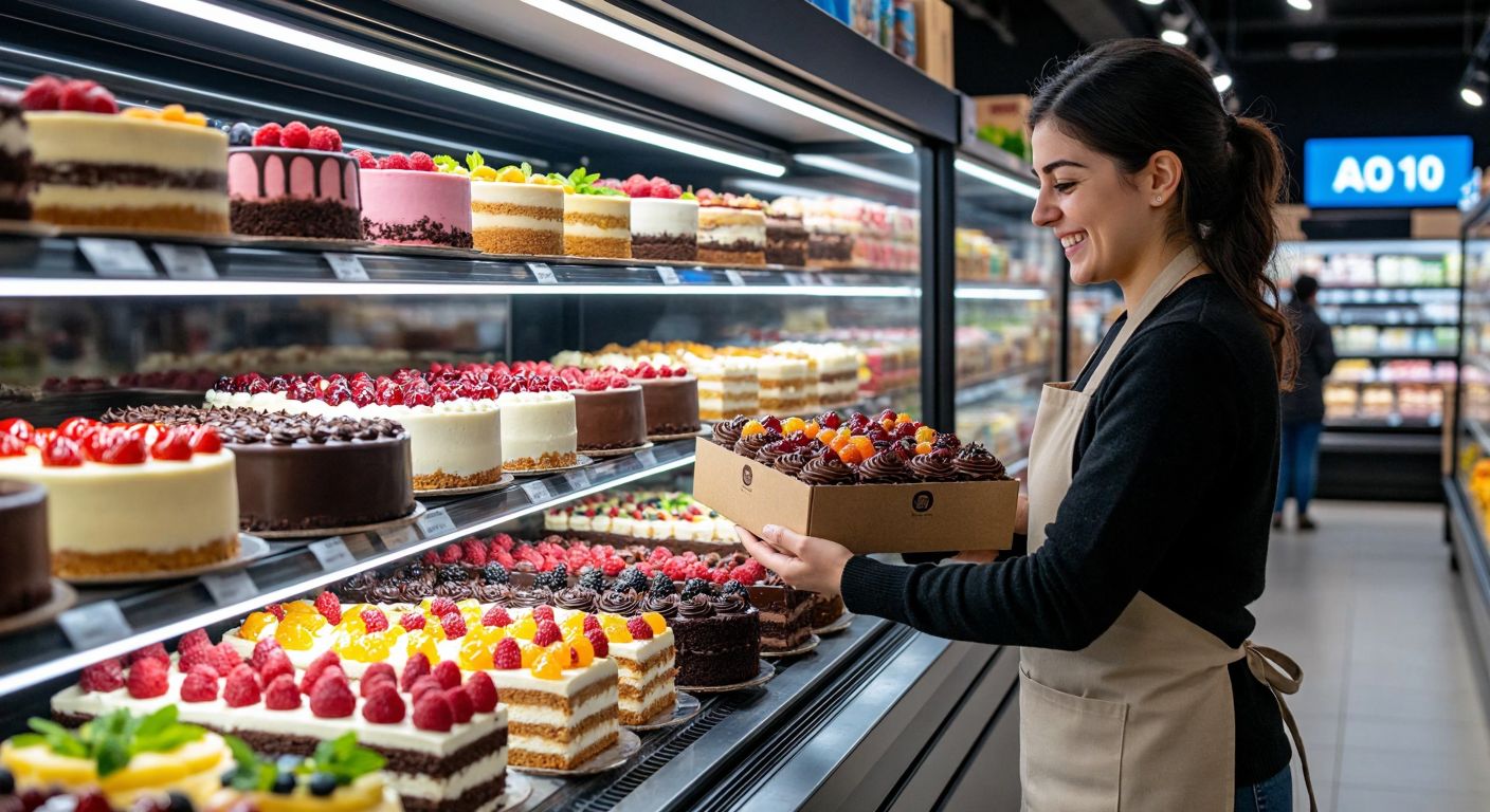 A colorful display of assorted Turkish-style fresh cakes—chocolate, vanilla, and fruit-topped—arranged neatly on a refrigerated shelf in a bustling A101 supermarket, with a smiling shopkeeper in an apron placing a cake box into a customer's hands.