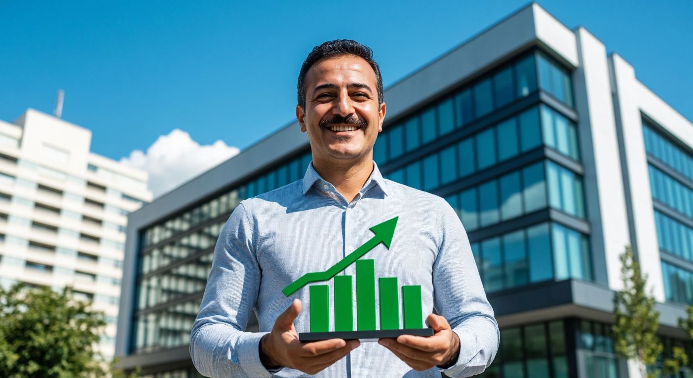 A smiling middle-aged Turkish man in a crisp shirt holds a green upward-trending graph, standing confidently in front of a modern bank building with a clear blue sky.