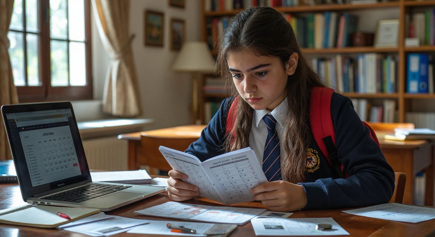 A young student in a Turkish high school uniform looks at a calendar with a focused expression, surrounded by scattered study notes and a laptop displaying a countdown website.