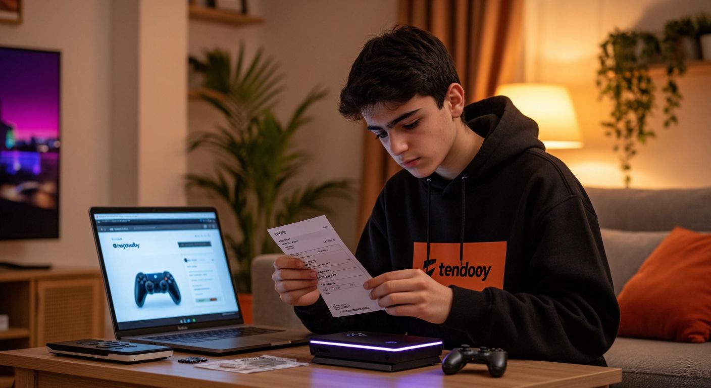 A young person in Turkey carefully repacks an undamaged gaming console with all its accessories into its original box, looking relieved while holding a receipt, with a laptop displaying a Trendyol return form open nearby.
