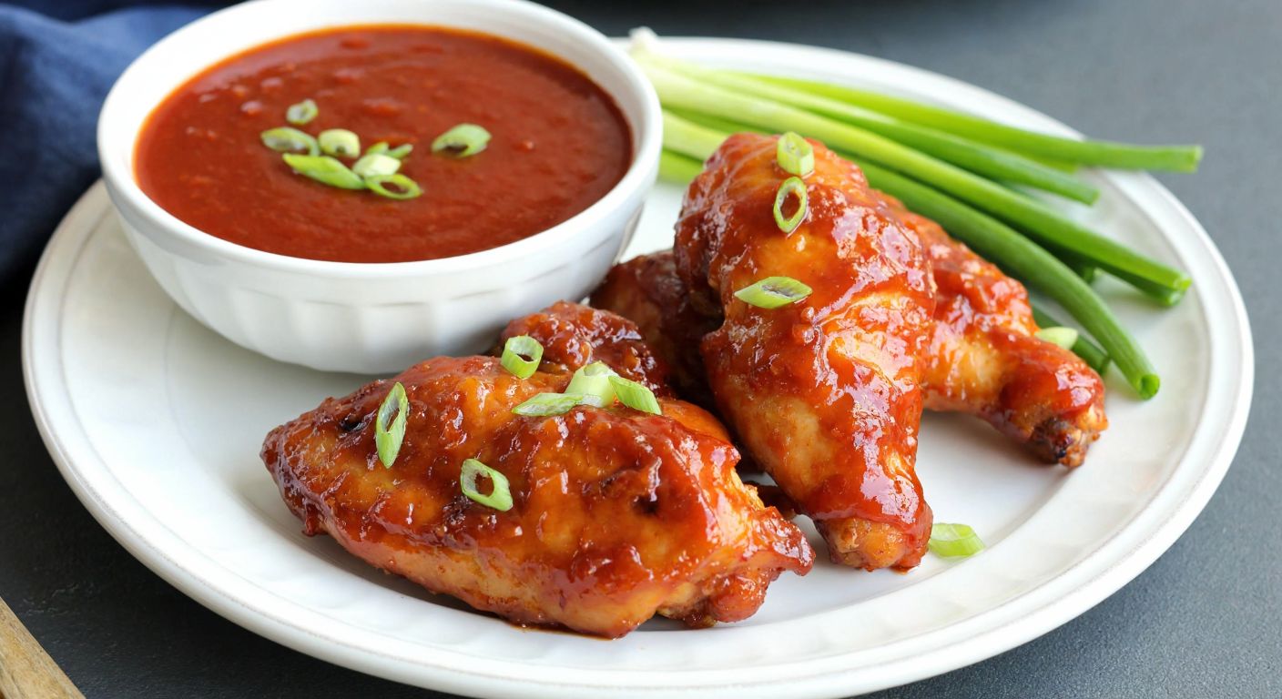 A golden-brown crispy chicken breast and thigh pieces glazed with glossy sweet and sour sauce, resting on a white ceramic plate beside a bowl of vibrant red sauce, with fresh green onions scattered on top, evoking the rich flavors of Turkish cuisine.