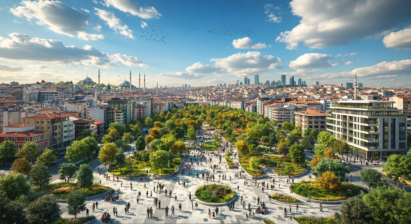 A vibrant Istanbul skyline with modernized buildings and green spaces, symbolizing urban renewal, while a diverse group of people—engineers, entrepreneurs, and families—collaborate in a bustling plaza, reflecting inclusive growth and resilience.