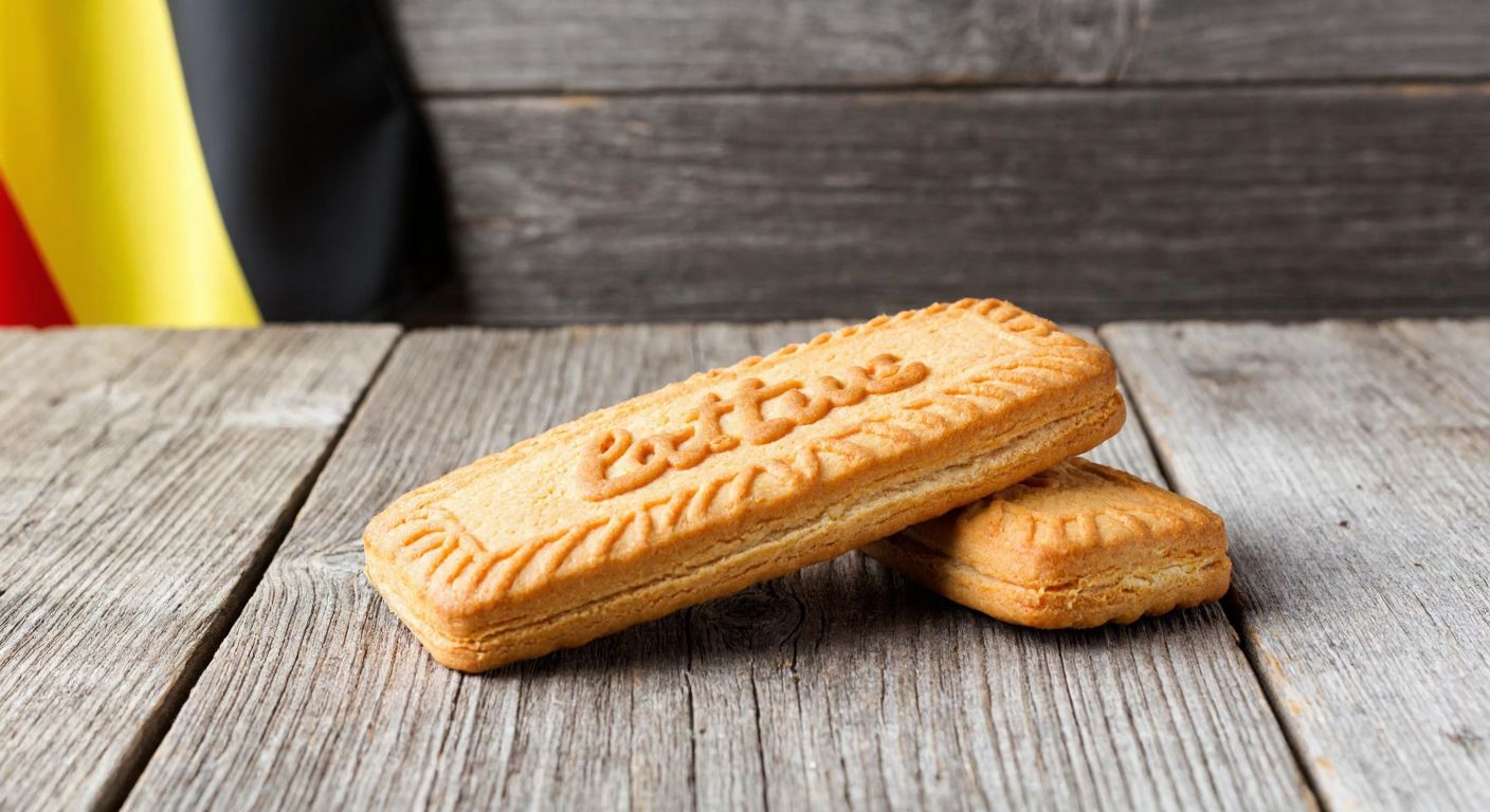 A golden-brown Lotus biscuit resting on a rustic wooden table with a Belgian flag subtly draped in the background.