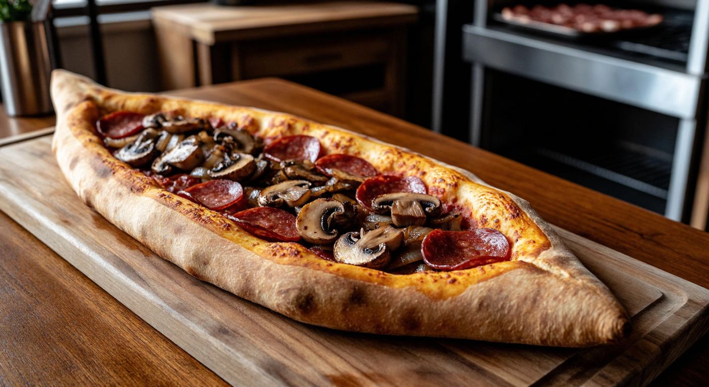 A golden-brown pide fresh from the oven, topped with sizzling slices of sucuk and sautéed mushrooms, resting on a wooden table in a cozy Turkish kitchen with warm lighting.