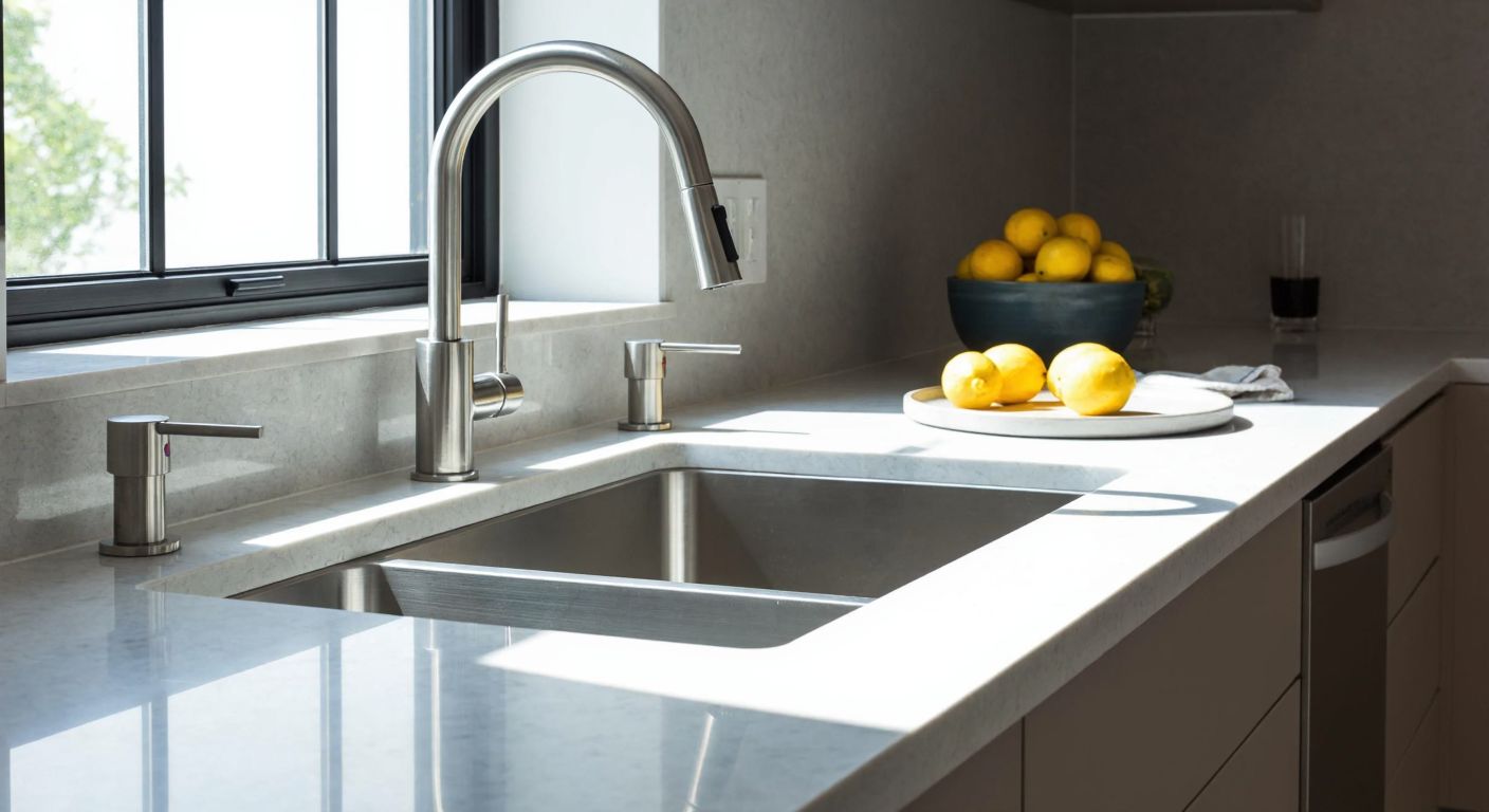 A modern Turkish kitchen with a sleek glass sink reflecting sunlight, surrounded by stainless steel faucets and fresh lemons on a marble countertop, conveying cleanliness and efficiency.