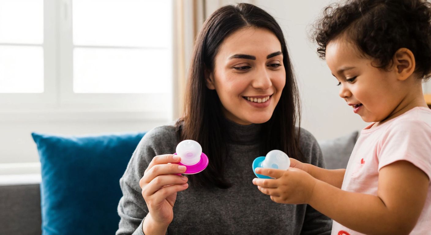 A young Turkish mother in a cozy home setting gently holds a pink and a blue Philips Avent pacifier, smiling warmly at her toddler playing nearby.