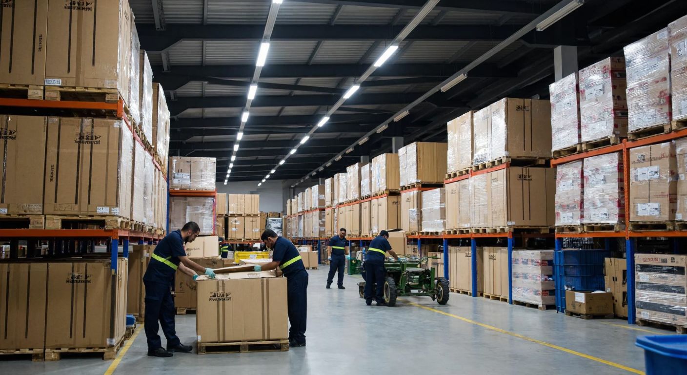 A bustling Turkish customs warehouse with workers in uniforms inspecting, repairing, and packaging confiscated goods under bright fluorescent lights, while stacks of crates and pallets fill the background.