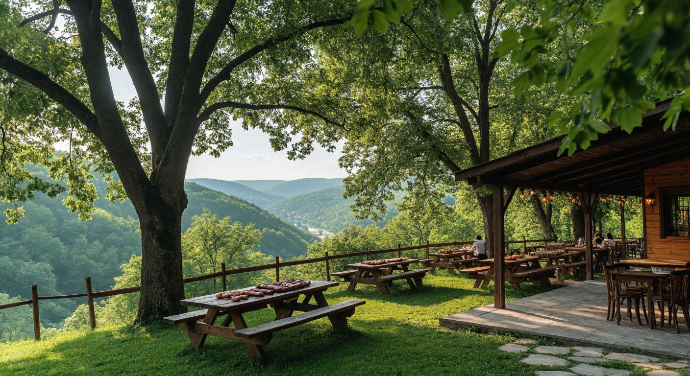 A lush green picnic area under towering oak and chestnut trees in Yalova, with a rustic wooden restaurant nearby serving sizzling grilled meats on a terrace overlooking a scenic valley.