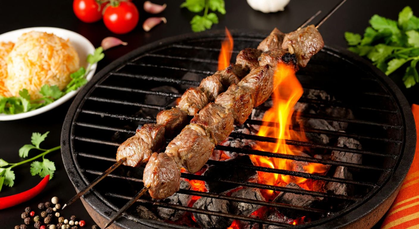 A sizzling skewer of tender lamb pieces grilling over glowing embers, with fresh herbs and spices scattered nearby, evoking the rich aroma of traditional Turkish Filiz kebab.
