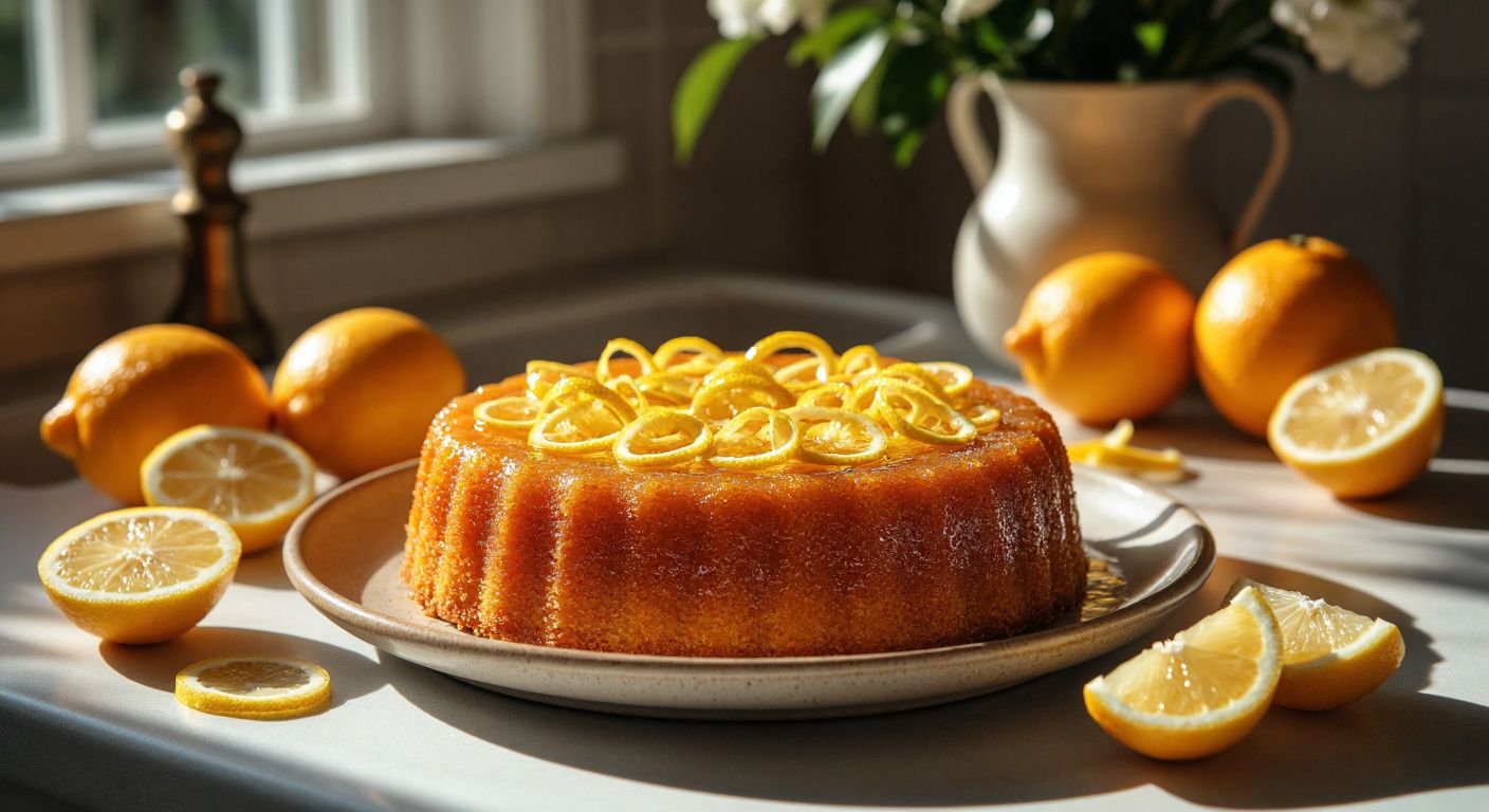 A golden, syrup-soaked revani cake sits on a ceramic plate, garnished with delicate curls of lemon zest, surrounded by fresh orange and lemon slices on a sunlit kitchen counter in Turkey.