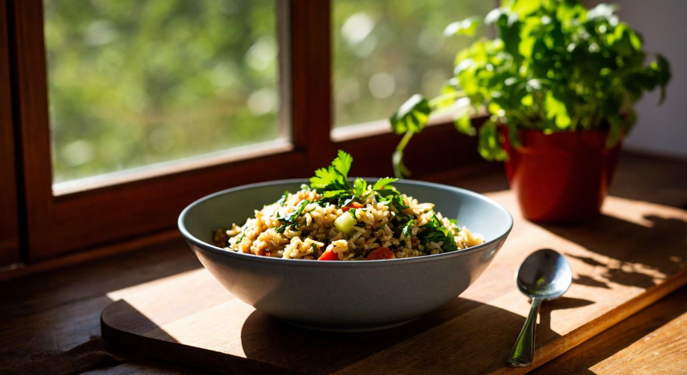 A warm bowl of brown rice with fresh herbs and vegetables, placed on a rustic wooden table in a sunlit Turkish kitchen, symbolizing health and nourishment.