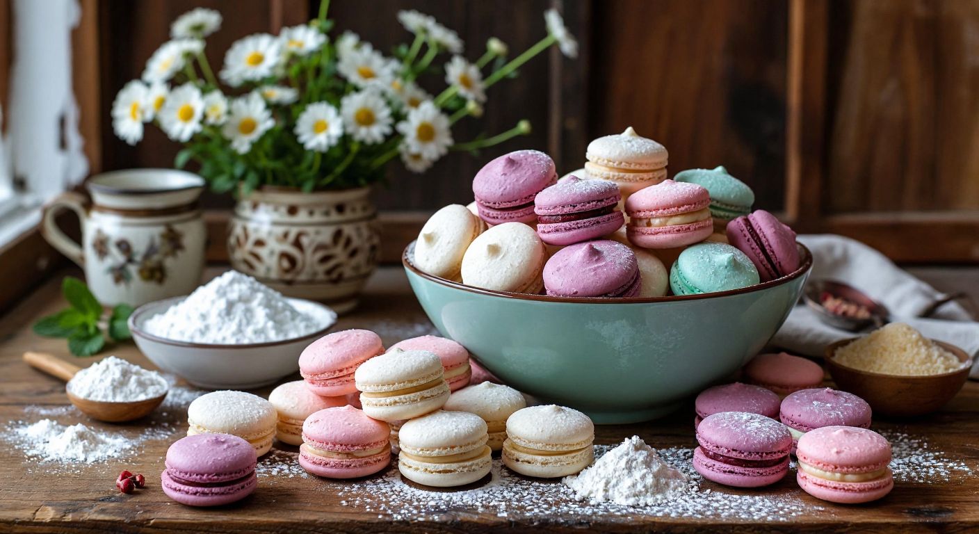 A vibrant Turkish kitchen counter displays almond flour, powdered sugar, egg whites, food coloring, and creamy fillings arranged neatly beside a bowl of freshly piped, pastel-colored macaron shells.