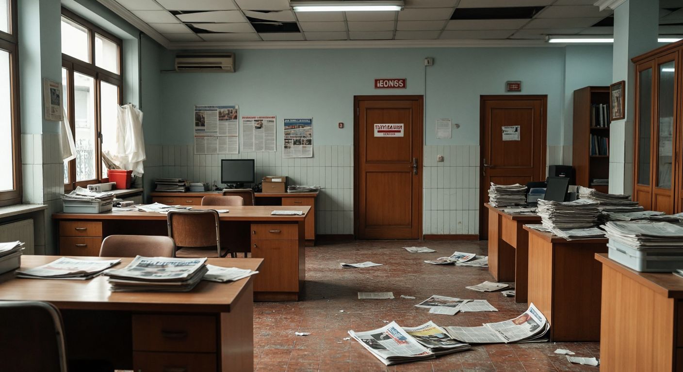 A somber Turkish newsroom with empty desks, scattered newspapers, and a closed sign on the door, while a faded sports section lies abandoned on a wooden table.