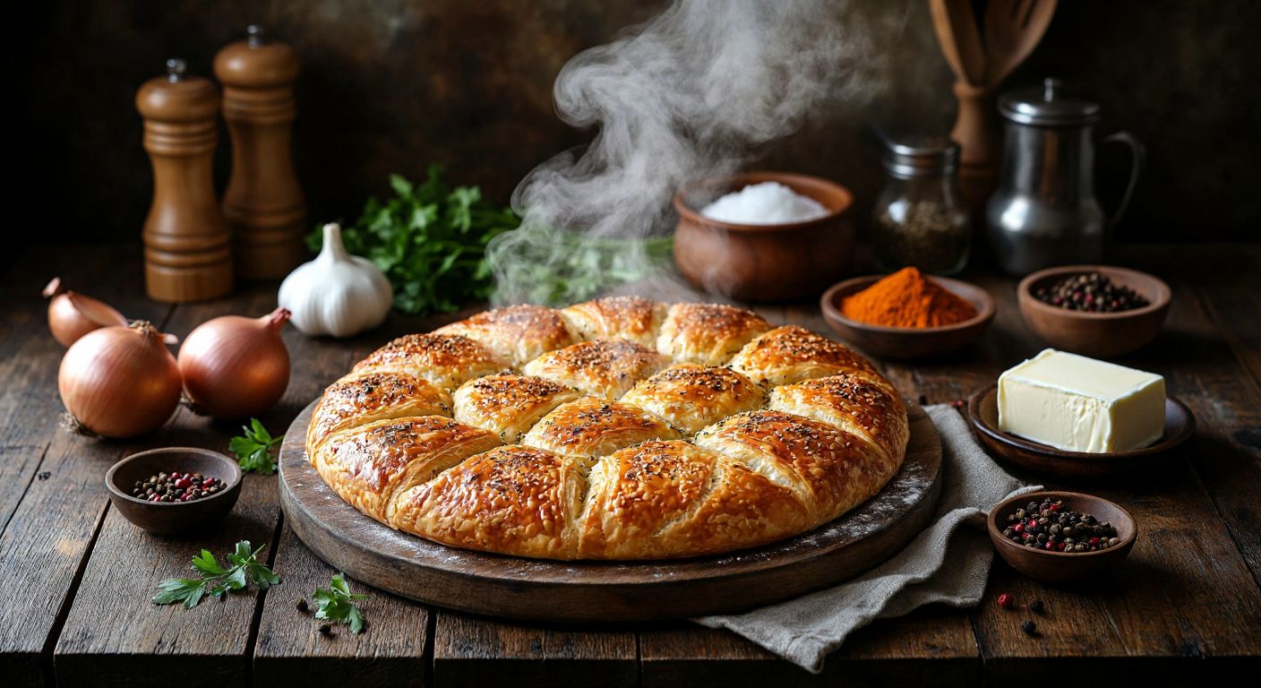 A warm, golden-brown onion çörek (savory pastry) sits on a rustic wooden table in a Turkish kitchen, surrounded by fresh ingredients like onions, butter, and spices, with steam rising from its flaky layers.