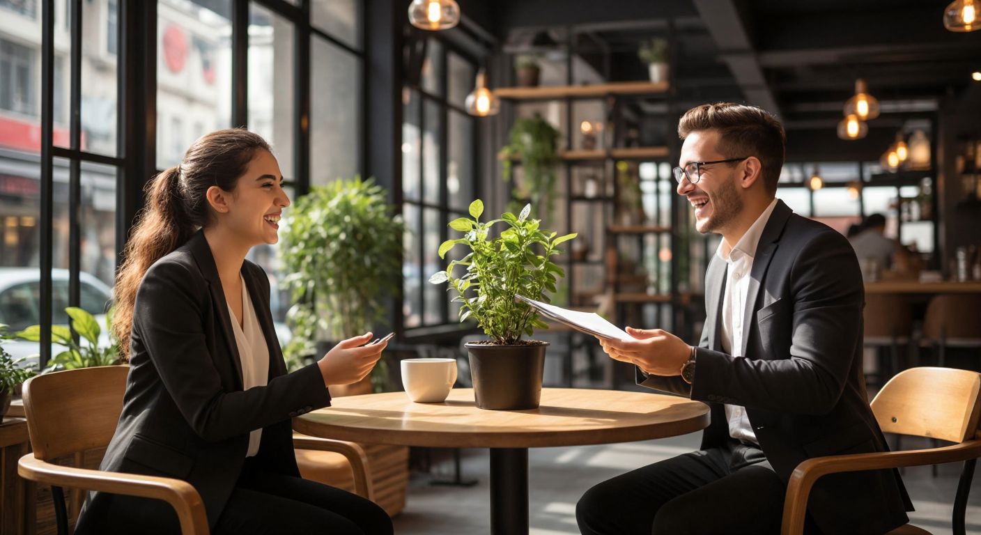 A young entrepreneur in a modern Istanbul café excitedly presents a business plan to a seasoned investor, with a small potted plant symbolizing growth between them.