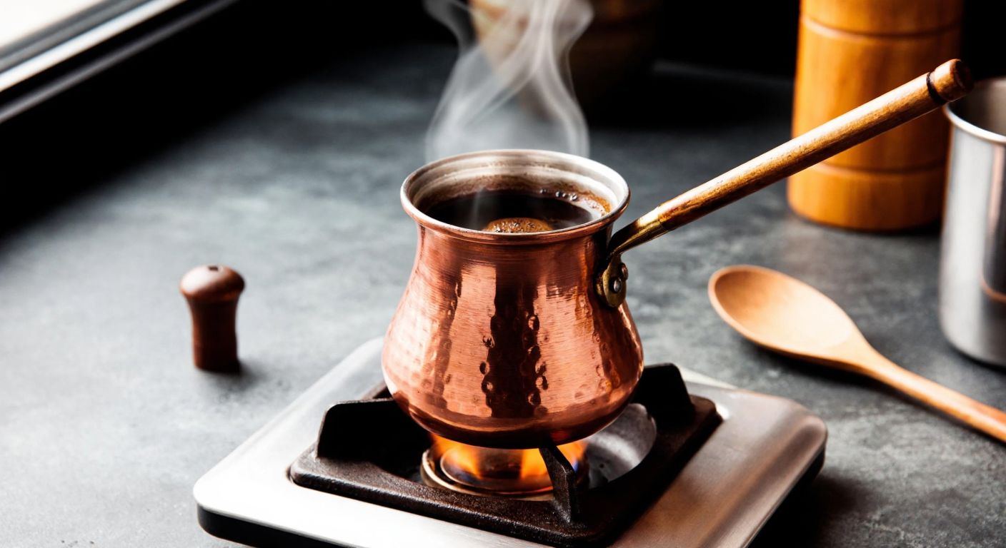 A traditional Turkish copper cezve sits on a low flame, filled with dark, bubbling coffee grounds, releasing aromatic steam, while a wooden spoon rests beside it on a rustic kitchen counter.