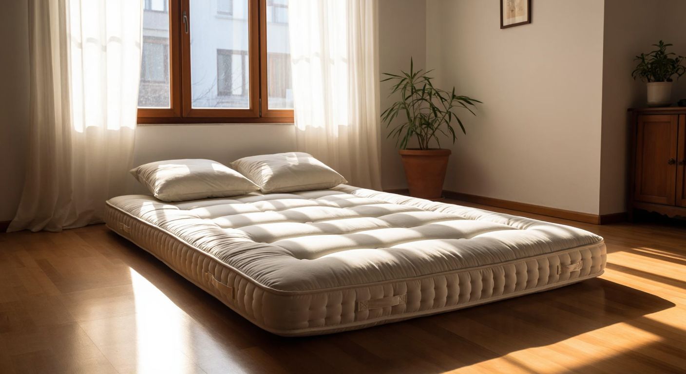 A well-worn but neatly folded futon mattress resting on a wooden floor in a cozy Turkish home, with sunlight streaming through sheer curtains.