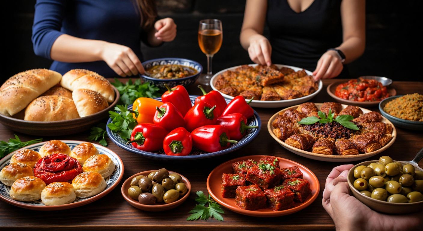 A vibrant Turkish dining table with colorful dishes like stuffed peppers and baklava, surrounded by smiling people savoring bites, sniffing aromas, and touching textured bread, while a small plate of olives represents acquired taste.