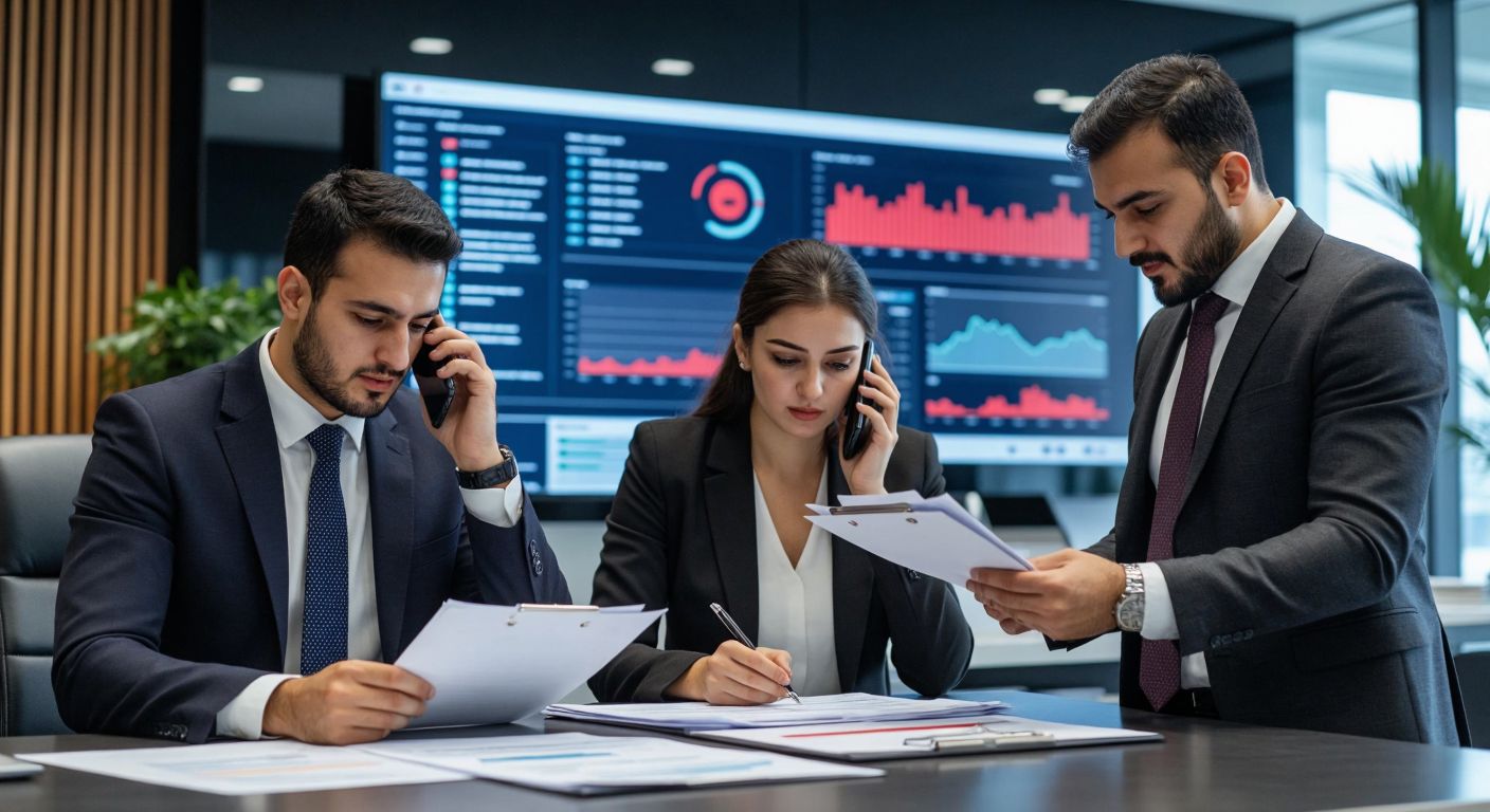 A professional Turkish office setting with well-dressed employees in suits reviewing documents and making phone calls, while a digital dashboard displays streamlined debt collection processes in the background.