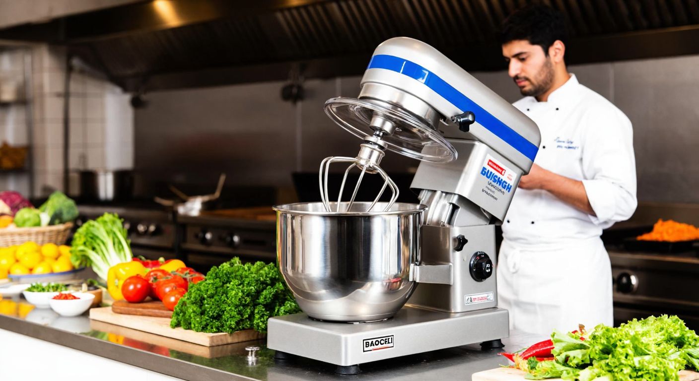 A stainless steel Boğaziçi brand mixer with a large bowl sits on a counter in a bustling Turkish commercial kitchen, surrounded by fresh ingredients and a chef in a white apron checking its capacity.