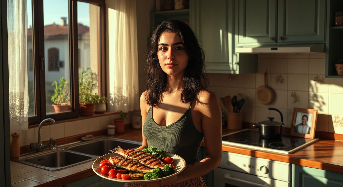 A slender young Turkish woman with dark hair stands confidently in a sunlit kitchen, holding a vibrant plate of grilled fish and fresh vegetables, while a faint family resemblance is hinted at in a framed photo of her parents on the counter.