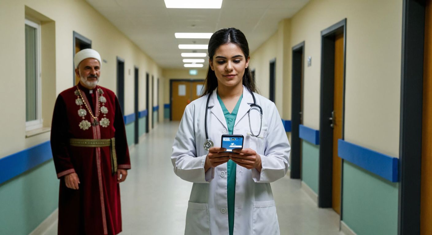 A young woman in a white doctor's coat stands in a bright hospital corridor in Gaziantep, holding a smartphone with a medical appointment app open, while an elderly man in traditional Turkish attire waits nearby with a hopeful expression.
