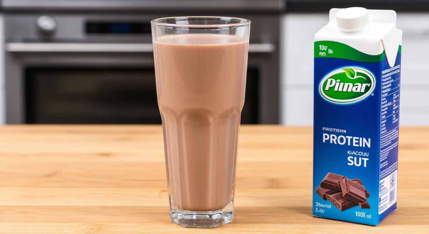 A tall glass of creamy chocolate milk with a Pınar logo on the side, placed on a wooden table next to a small carton of Pınar Protein Kakaolu Süt, with a measuring cup showing 100ml and a nutrition label subtly visible in the background.