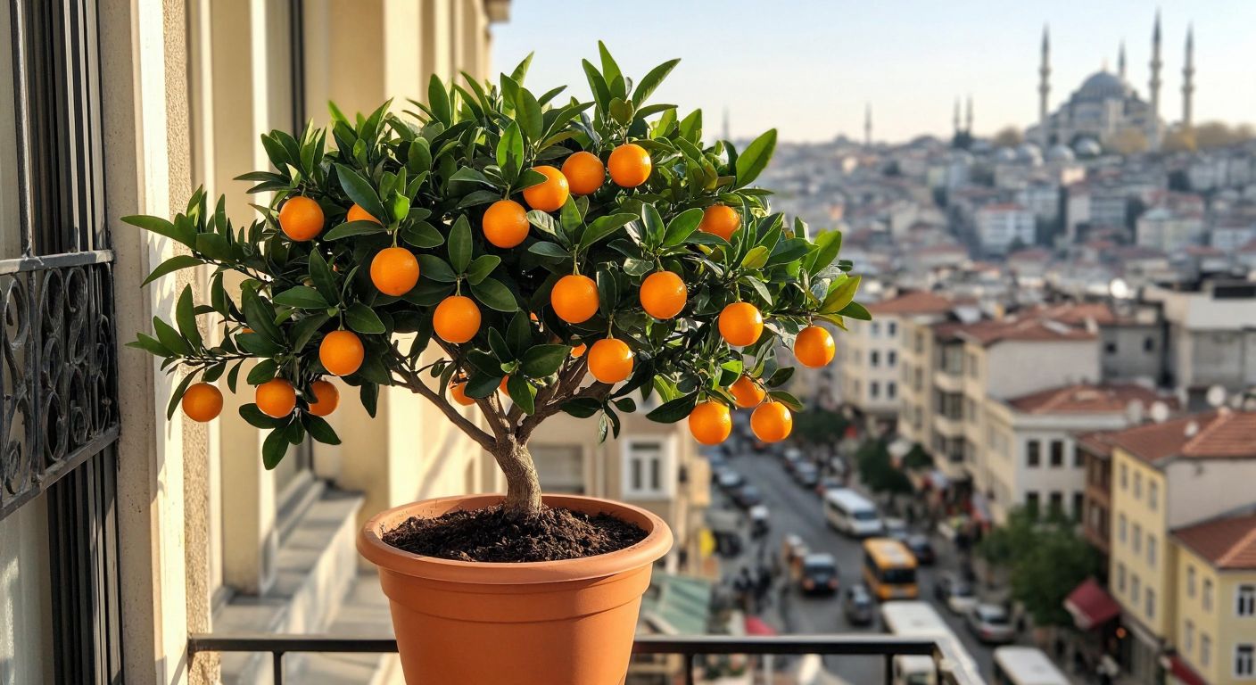 A vibrant orange kumquat tree in a terracotta pot, its glossy leaves and tiny fruits glowing under sunlight, placed on a Turkish balcony with a view of a bustling Istanbul street below.