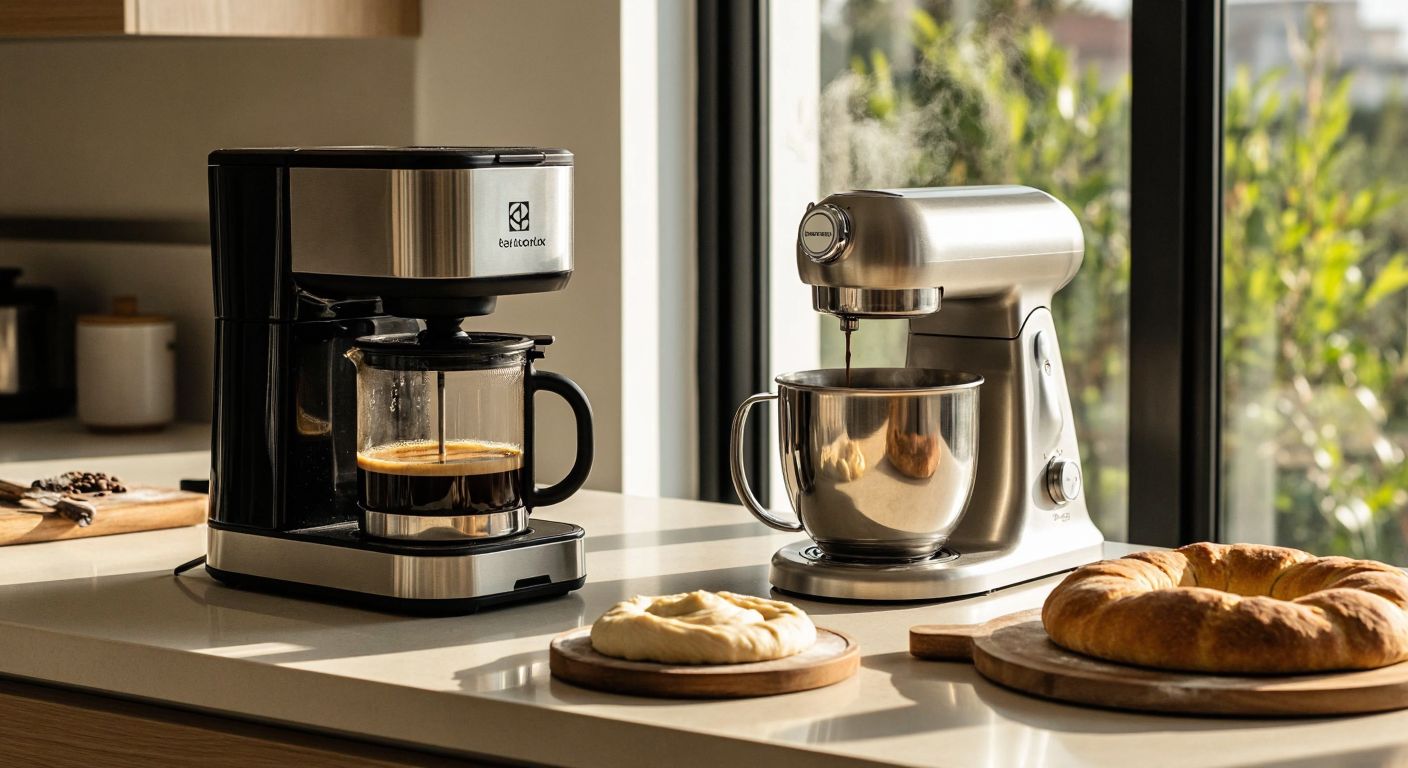 A sleek Electrolux coffee maker steams freshly brewed Turkish coffee beside a stainless steel kitchen mixer kneading dough on a sunlit counter in a modern Turkish home.