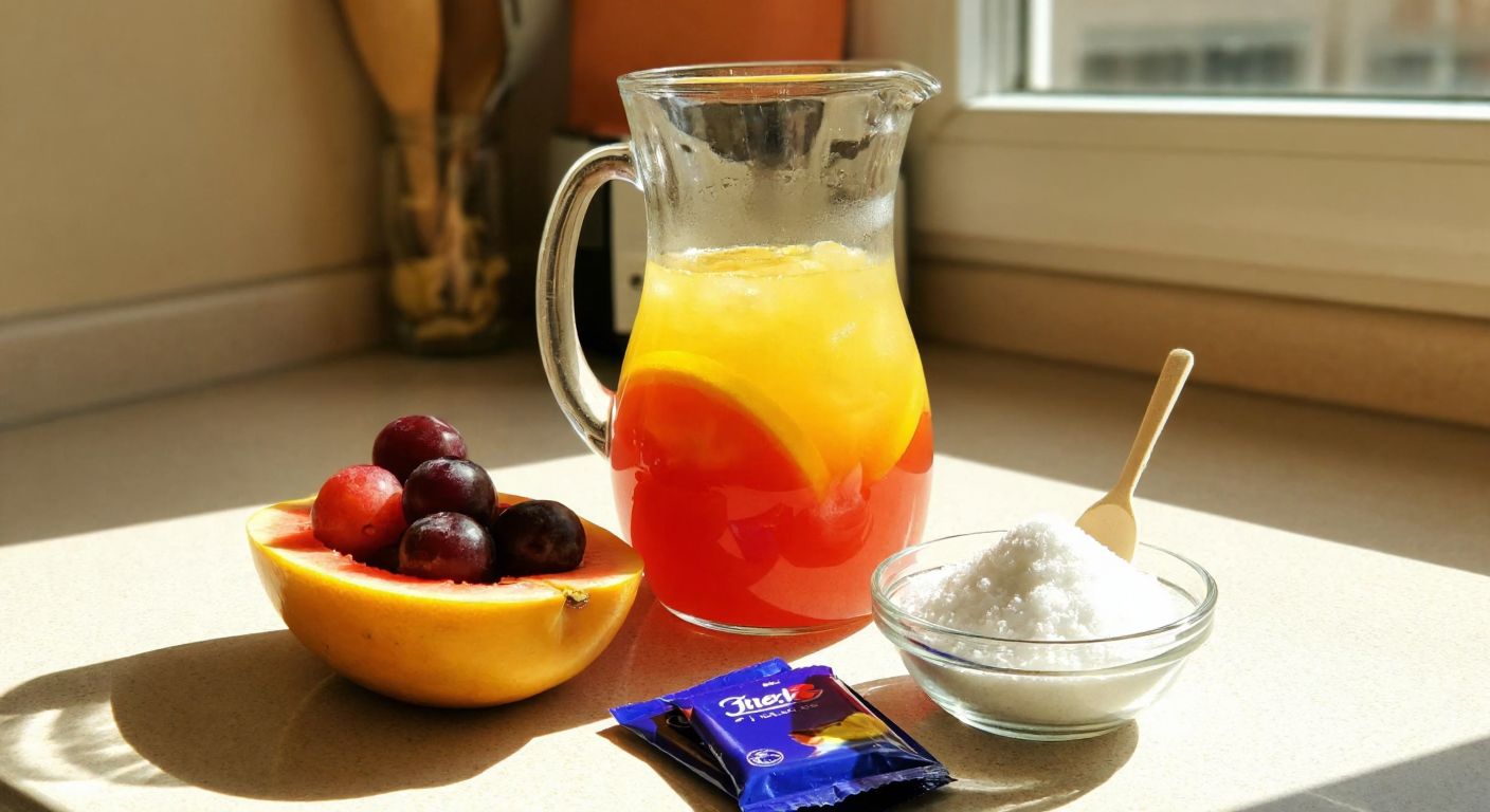 A vibrant Turkish kitchen countertop with fresh fruit juice in a glass pitcher, a small bowl of cornstarch, a spoonful of sugar, and gelatin packets, all bathed in warm sunlight.
