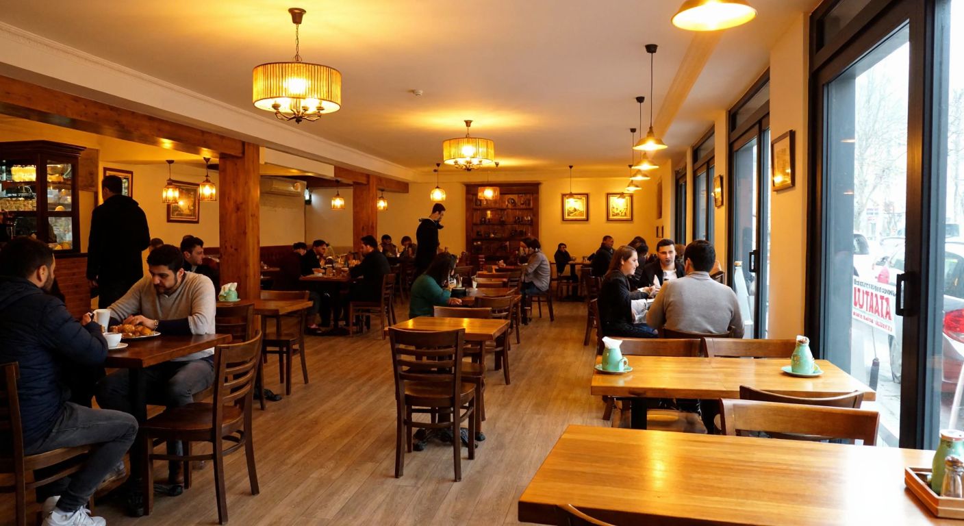 A cozy café with warm lighting, wooden tables, and people enjoying Turkish coffee and baklava in a bustling Şişli neighborhood.