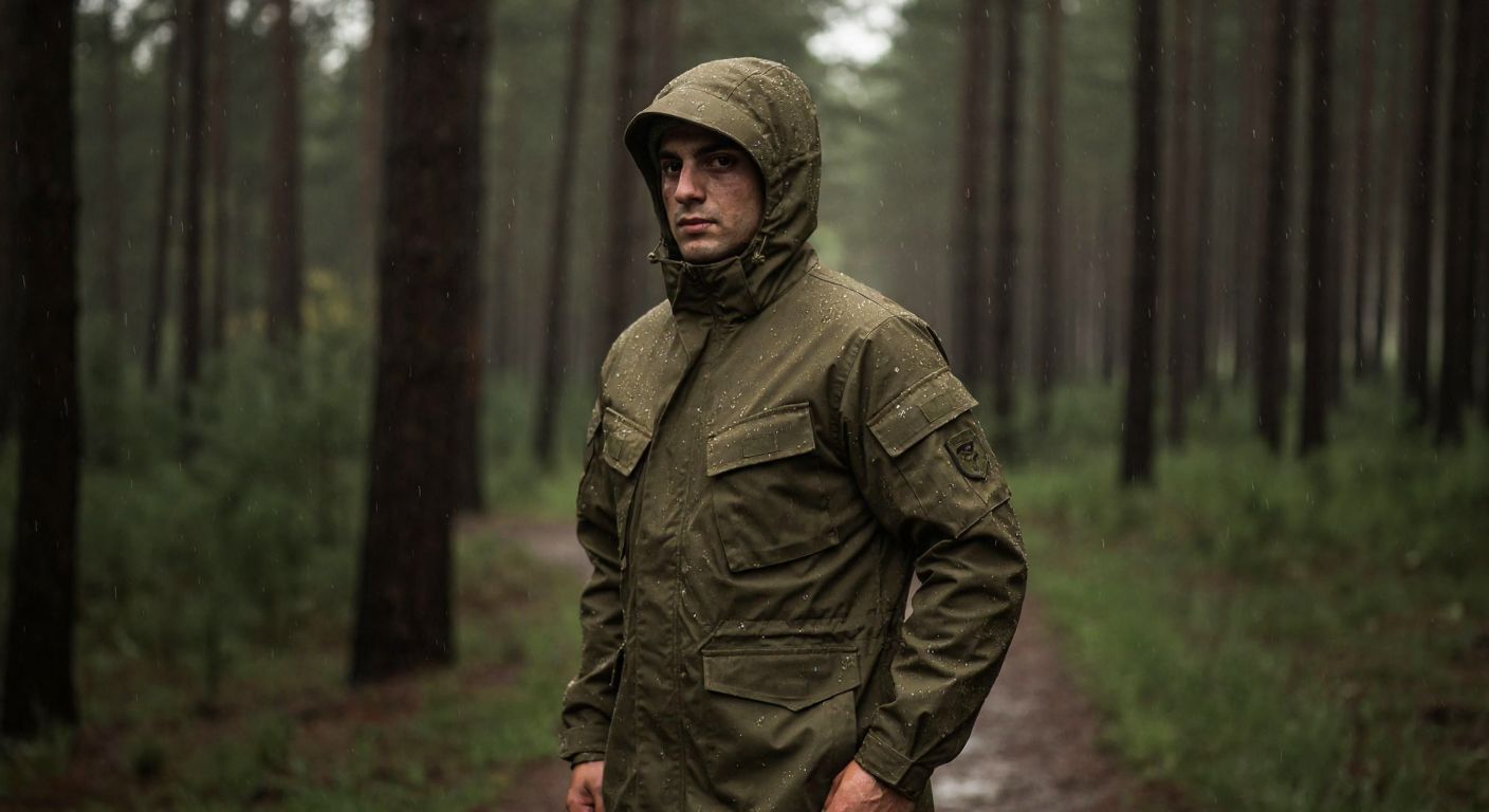 A Turkish soldier in a rugged, olive-green waterproof military parka stands confidently in a rainy forest, with water droplets beading on the fabric.