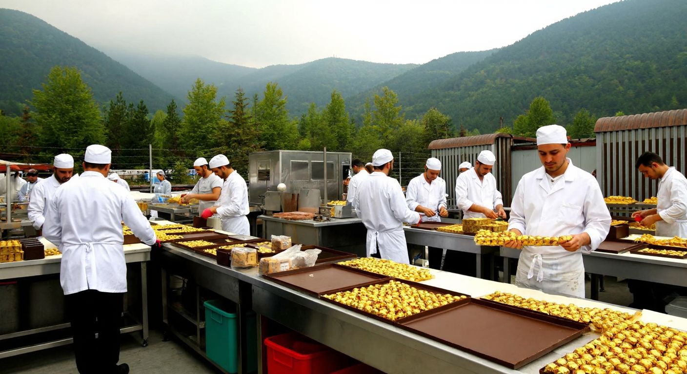 A bustling chocolate factory in Bolu, Turkey, with workers in white uniforms packaging golden-wrapped chocolates, surrounded by lush green mountains and the aroma of cocoa in the air.