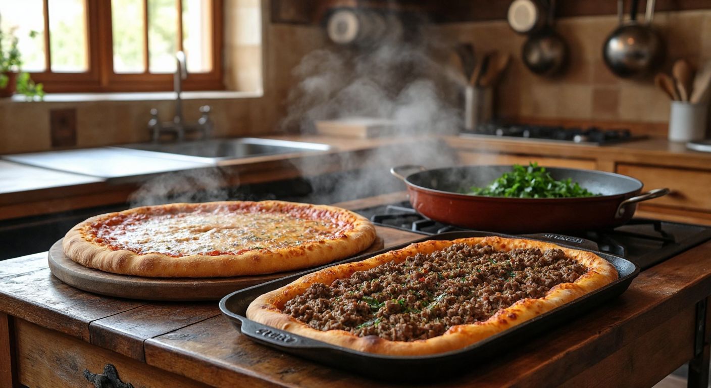 A rustic wooden table in a Turkish kitchen holds a golden, round tava ekmeği next to a rectangular tava pidesi topped with minced meat and herbs, both steaming fresh from the pan.