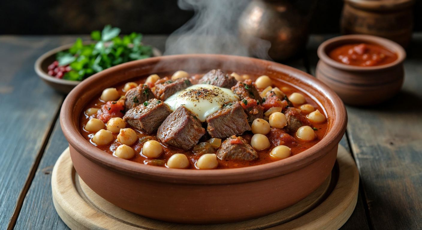 A steaming clay pot of **zülbiye** with tender lamb pieces, whole pearl onions, and chickpeas simmering in a rich tomato-pepper paste sauce, garnished with melted butter and aromatic spices, set on a rustic wooden table in a Turkish kitchen.