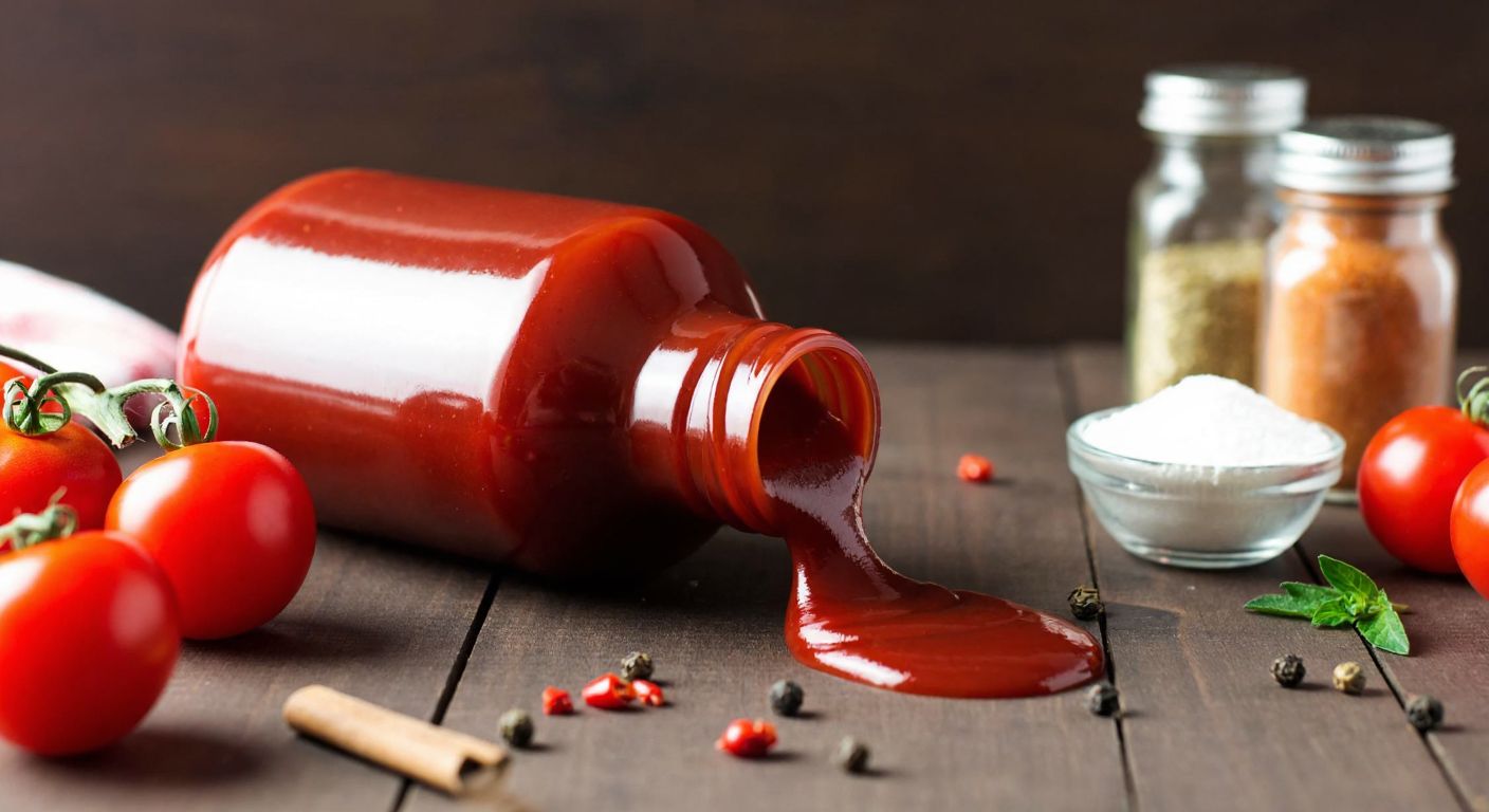 A close-up of a glossy red ketchup bottle tipped over, with its thick contents slowly spilling onto a wooden table surrounded by scattered tomatoes, spice jars, and a small bowl of starch.