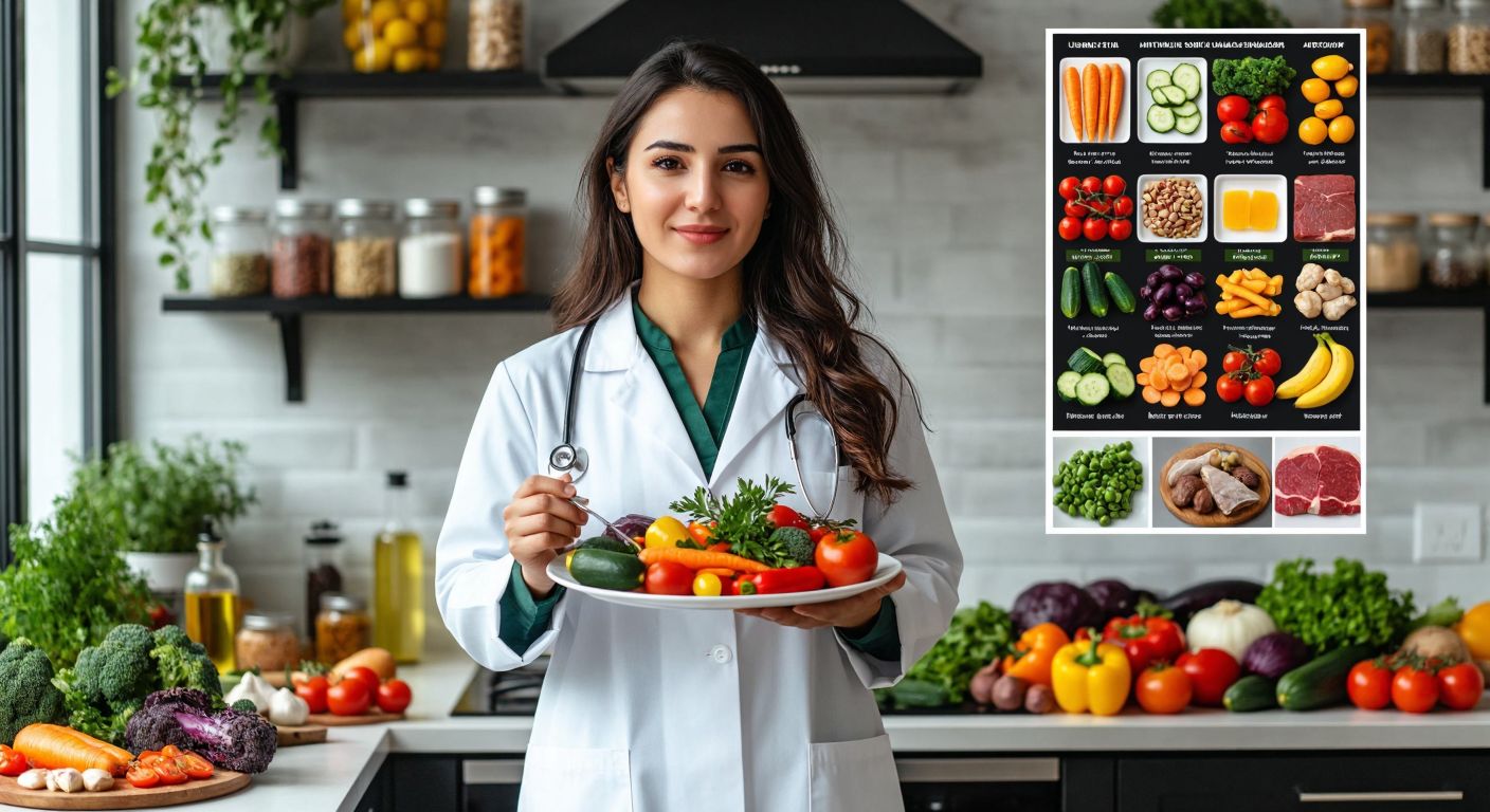 A Turkish nutritionist in a white coat stands in a bright kitchen, holding a plate of colorful fresh vegetables and olive oil, while pointing to a chart with various healthy and unhealthy foods arranged in two distinct groups.