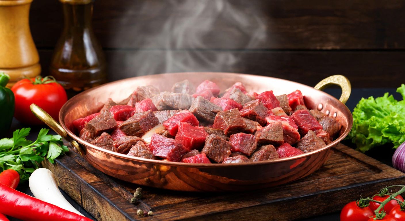 A sizzling copper pan filled with tender diced beef cubes (kuşbaşı dana eti) for çiftlik kebabı, surrounded by fresh vegetables and herbs, with steam rising against a rustic Turkish kitchen backdrop.