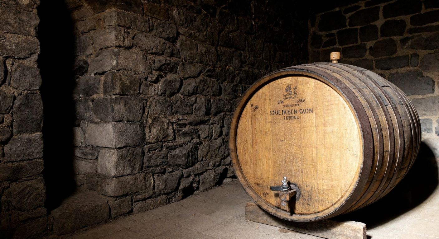 A weathered wooden barrel of Scotch whisky sits in a dimly lit stone cellar, evoking the rugged spirit of Scottish heritage.