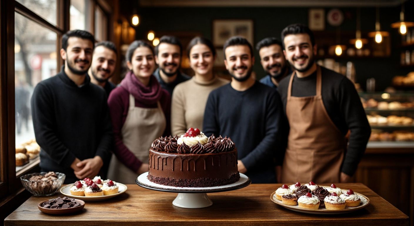A small, round chocolate cake with delicate frosting, placed on a decorative plate in a cozy Turkish bakery, surrounded by eight smiling people eagerly waiting to share it.
