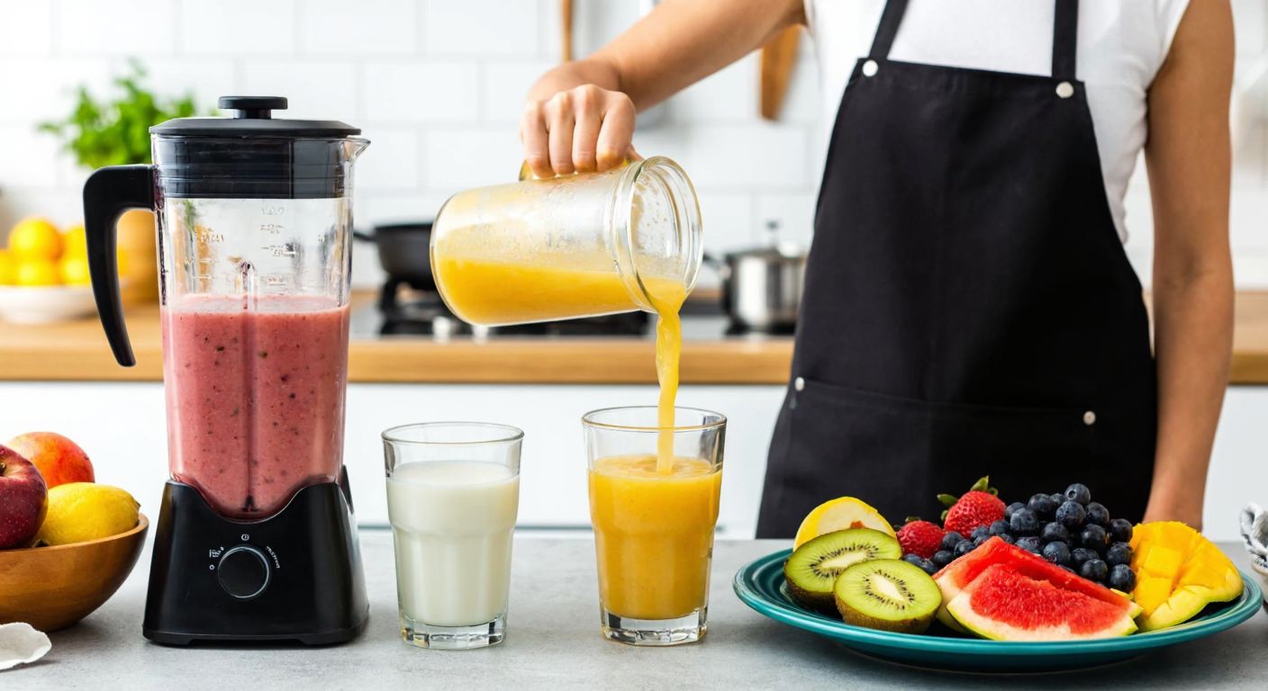 A vibrant Turkish kitchen counter displays a pitcher of freshly blended fruit juice, a glass of milk, and a bowl of colorful sliced fruits, with a smiling woman in an apron pouring a smoothie into a glass.