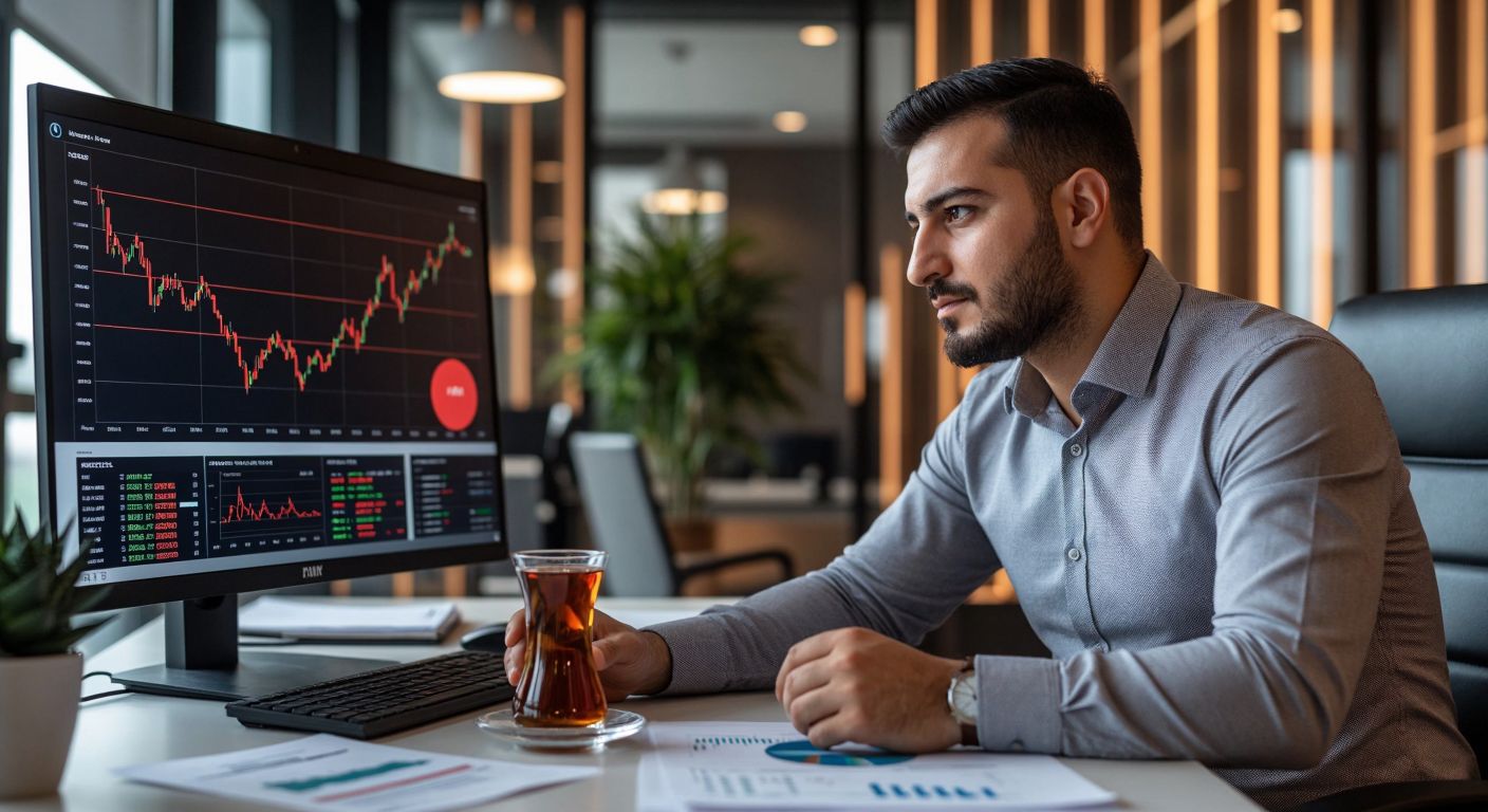 A confident Turkish investor in a modern office studies a rising stock chart on a monitor, surrounded by documents labeled with BIST and XKTUM indices, while sipping traditional Turkish tea.  

(Note: The description includes "BIST" and "XKTUM" as they are proper nouns representing financial indices, not general symbolic communication.)