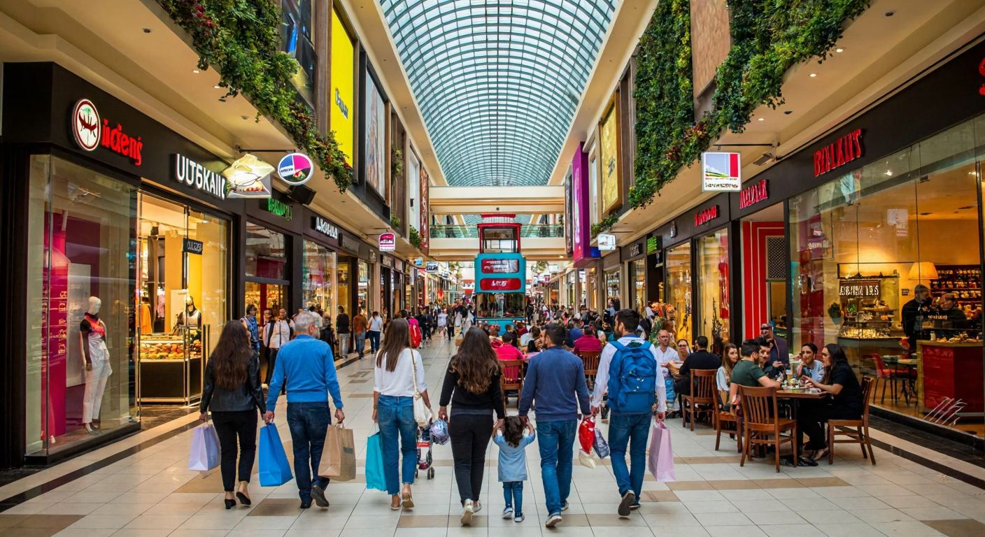 A bustling shopping mall in Istanbul with colorful storefronts, families carrying shopping bags, a tram passing by outside, and people dining at a lively food court with Turkish dishes.