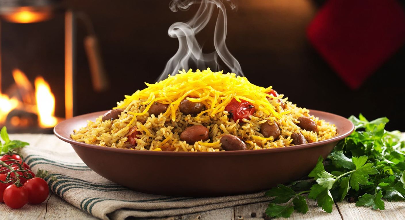 A steaming plate of traditional Turkish pilaf with golden saffron strands, surrounded by fresh herbs and a warm glow of a cozy kitchen.