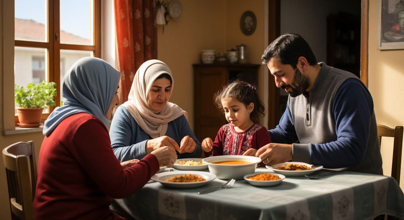 A warm Turkish family sitting together at a modest dining table, sharing a simple meal of bread and lentil soup, with a social worker gently placing a hand on the mother's shoulder in a gesture of support.